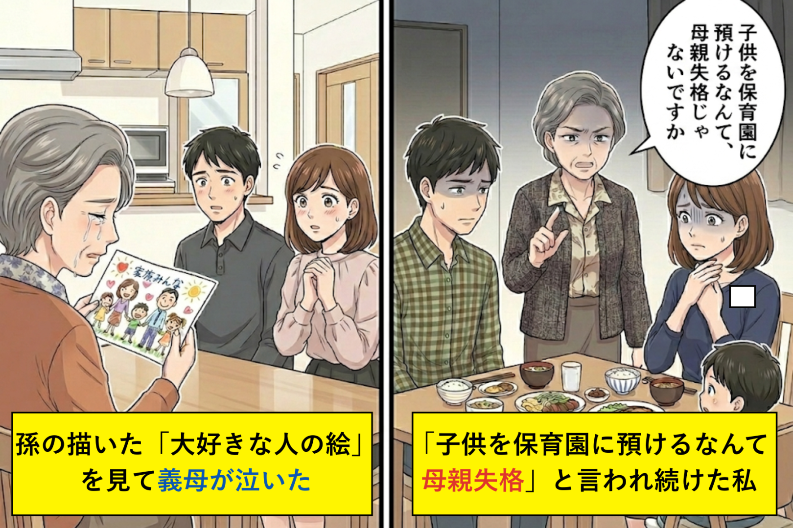 「子供を保育園に預けるなんて母親失格」と言われ続けた私→孫の描いた「大好きな人の絵」を見て義母が泣いた日のこと