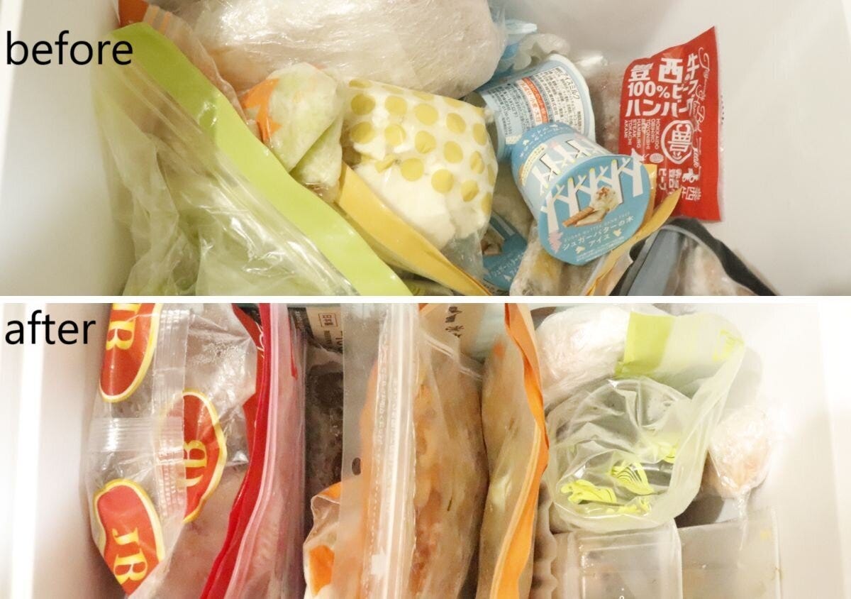 上段が整理前の冷凍庫、下段がフリーザーエンドで整理された冷凍庫の比較 上段が整理前の冷凍庫、下段がフリーザーエンドで整理された冷凍庫の比較