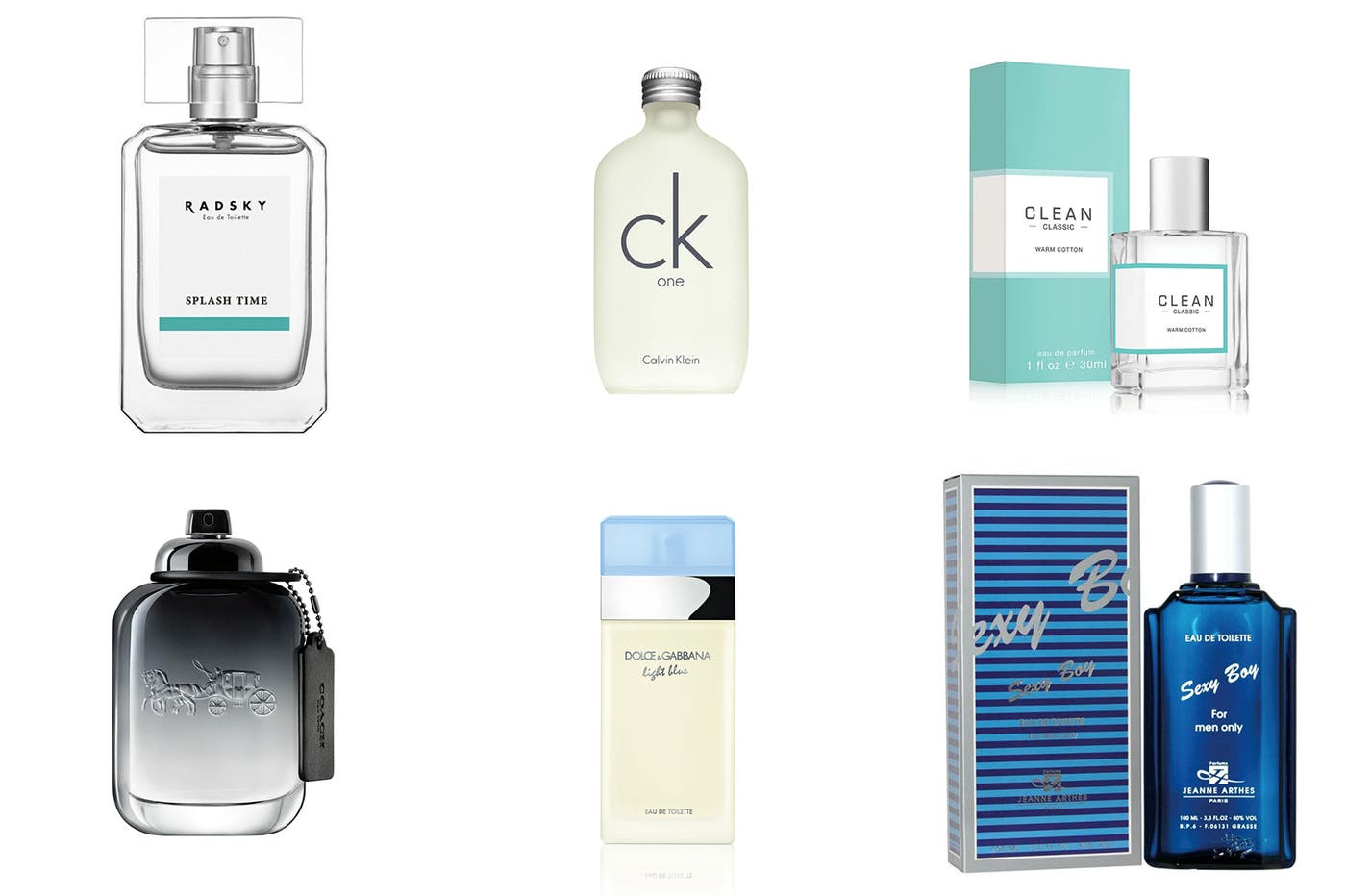 (左上から)【ラッドスカイ】スプラッシュタイム オードトワレ、【カルバンクライン】シーケーワン オードトワレ、【クリーン】クリーン クラシック ウォームコットン オードパルファム(左下から)【コーチ】コーチ マン オードトワレ、【ドルチェ&ガッバーナ】ライトブルー オードトワレ、【ジャンヌ・アルテス】セクシーボーイ オードトワレ