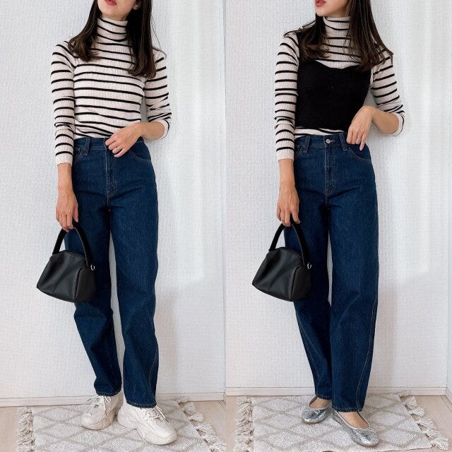 ユニクロユー　カーブジーンズ　着回し　ビスチェコーデ