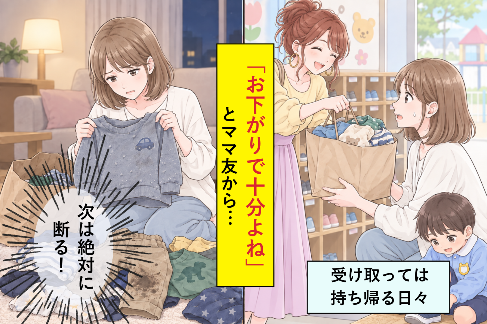 「お下がりで十分よね」と紙袋を押しつけるママ友に、中身を広げた私が園の玄関で返した言葉