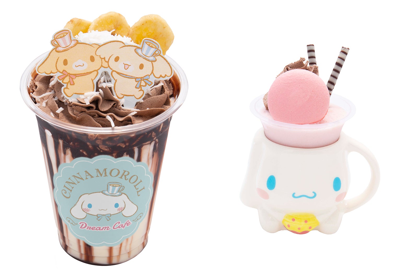 ココ＆ナッツのチョコバナナドリンク700円、シナモンのカップデザート700円（C）2019 SANRIO CO．，LTD．