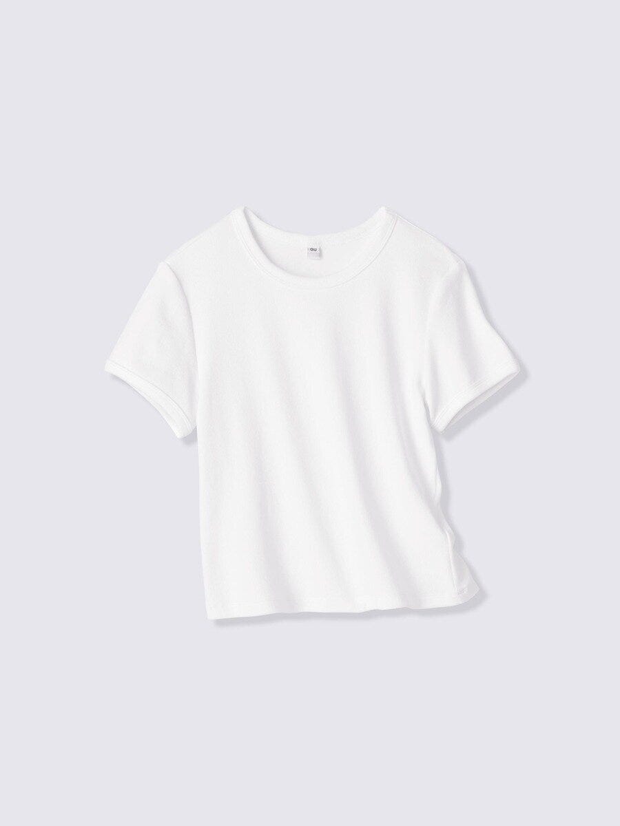 オフホワイトのリブクルーネックTシャツ