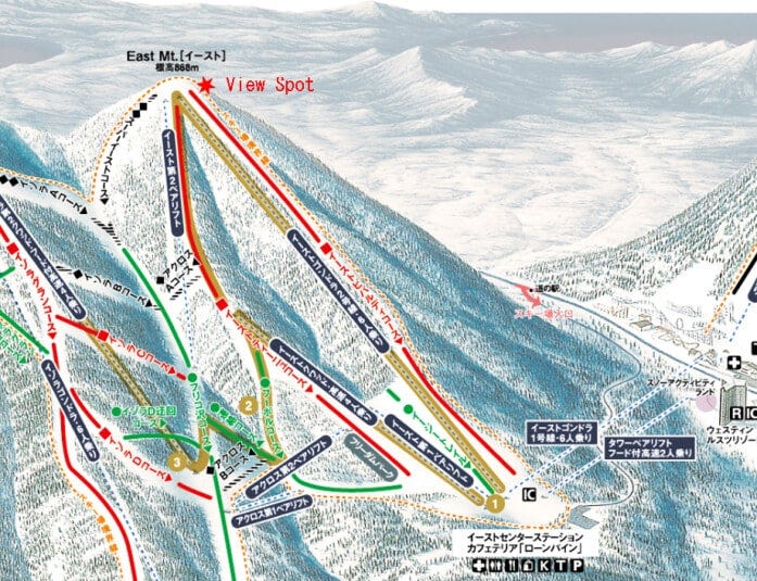 イーストのコースマップとビュースポット（★表示）