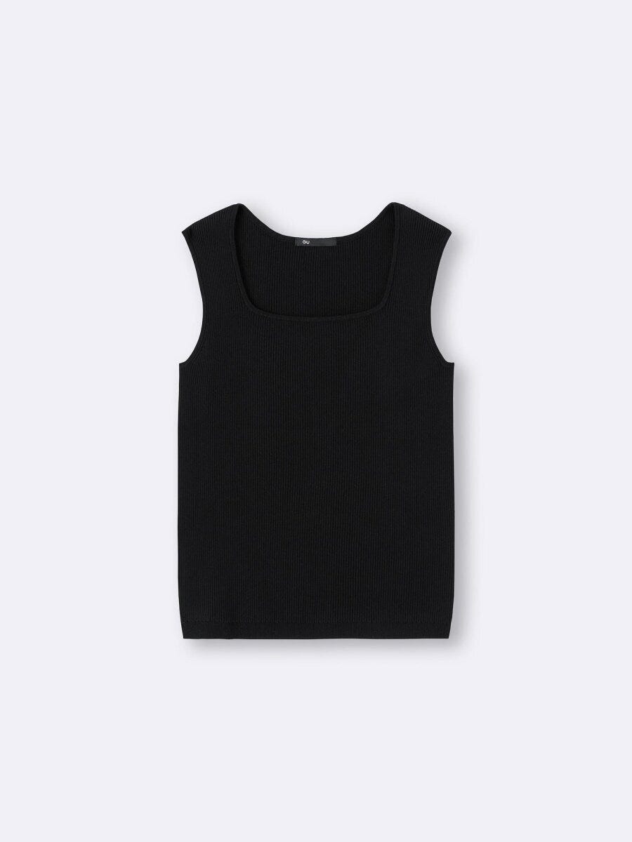 2026gu春黒リブニットスクエアネックタンクトップ