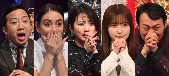 (左から)市川猿之助、滝沢カレン、志田未来、松田里奈、田中卓志(アンガールズ)
