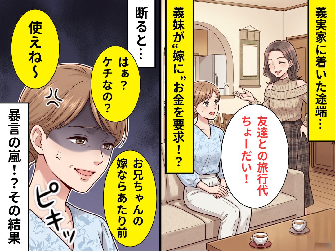 嫁にお金を要求し「ケチなの？使えね～」暴言を吐く義妹！だが直後【ピキッ】⇒嫁の怒りが頂点に！？その【結果】