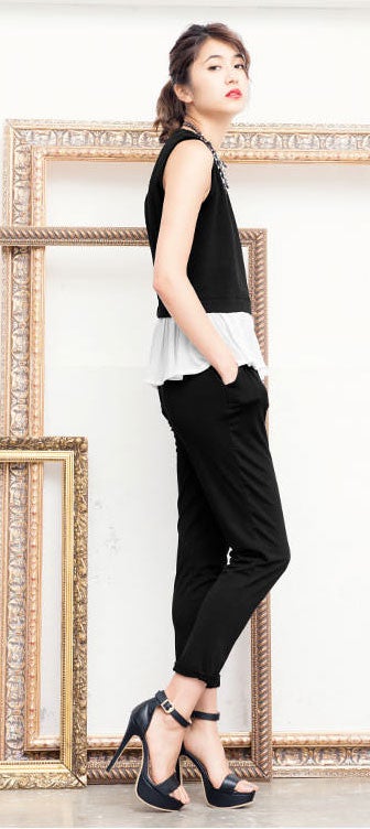 裾シフォンフリル異素材切替バイカラーオールインワン「神戸レタス」2990円（税込）