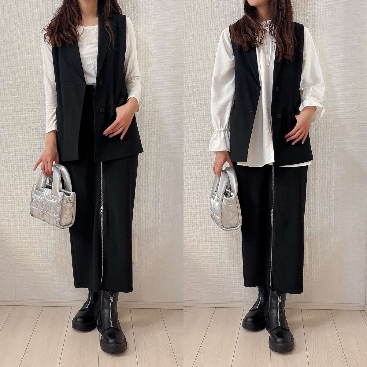 GUフリルネックチュニックのジレコーデ