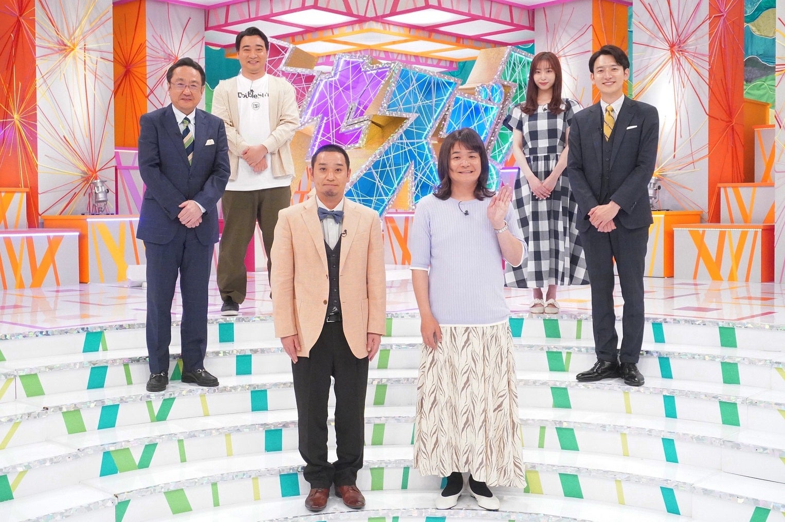 （左から）三宅正治アナウンサー、斉藤慎二、大悟、ノブ、林佑香、生田竜聖アナウンサー（C）フジテレビ