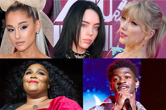 (上段)アリアナ・グランデ、ビリー・アイリッシュ、テイラー・スウィフト、(下段)リゾ、リル・ナズ・X(Photo by Getty Images)