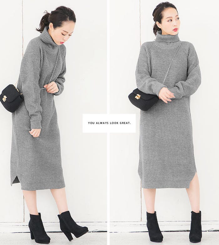 ヘムサイドスリット入り☆ボリュームタートルネック長袖ロングニットワンピース「神戸レタス」3290円(税込)/画像提供:神戸レタス