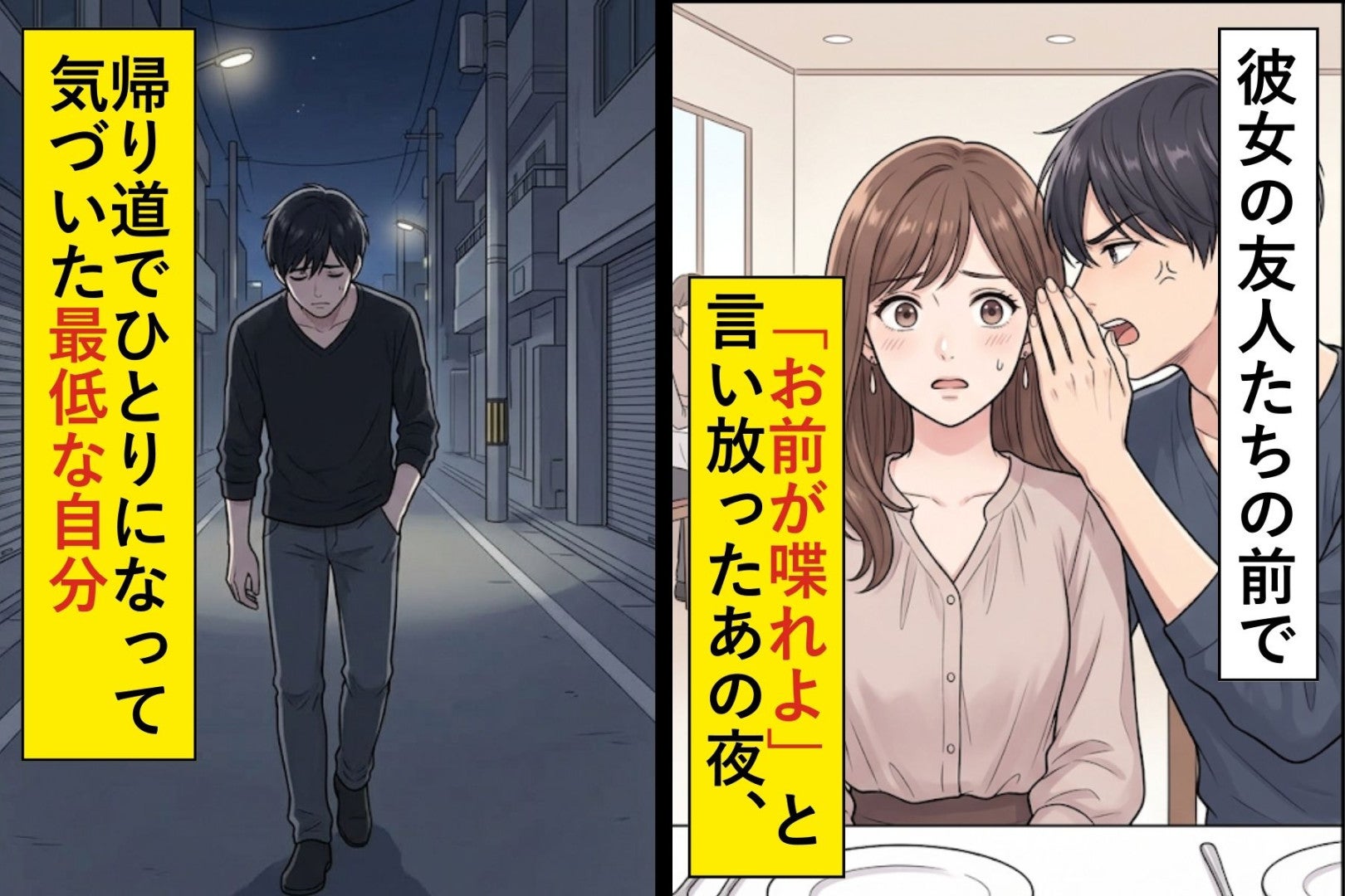彼女の友人たちの前で「お前が喋れよ」と言い放ったあの夜、帰り道でひとりになって気づいた最低な自分