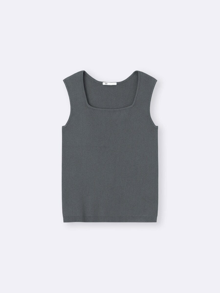 リブニットスクエアネックタンクトップ 2026gu春大人女性おすすめグレーリブニットスクエアネックタンクトップ