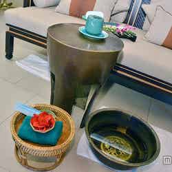 マッサージの前に、お茶を飲みながらフットバスを堪能