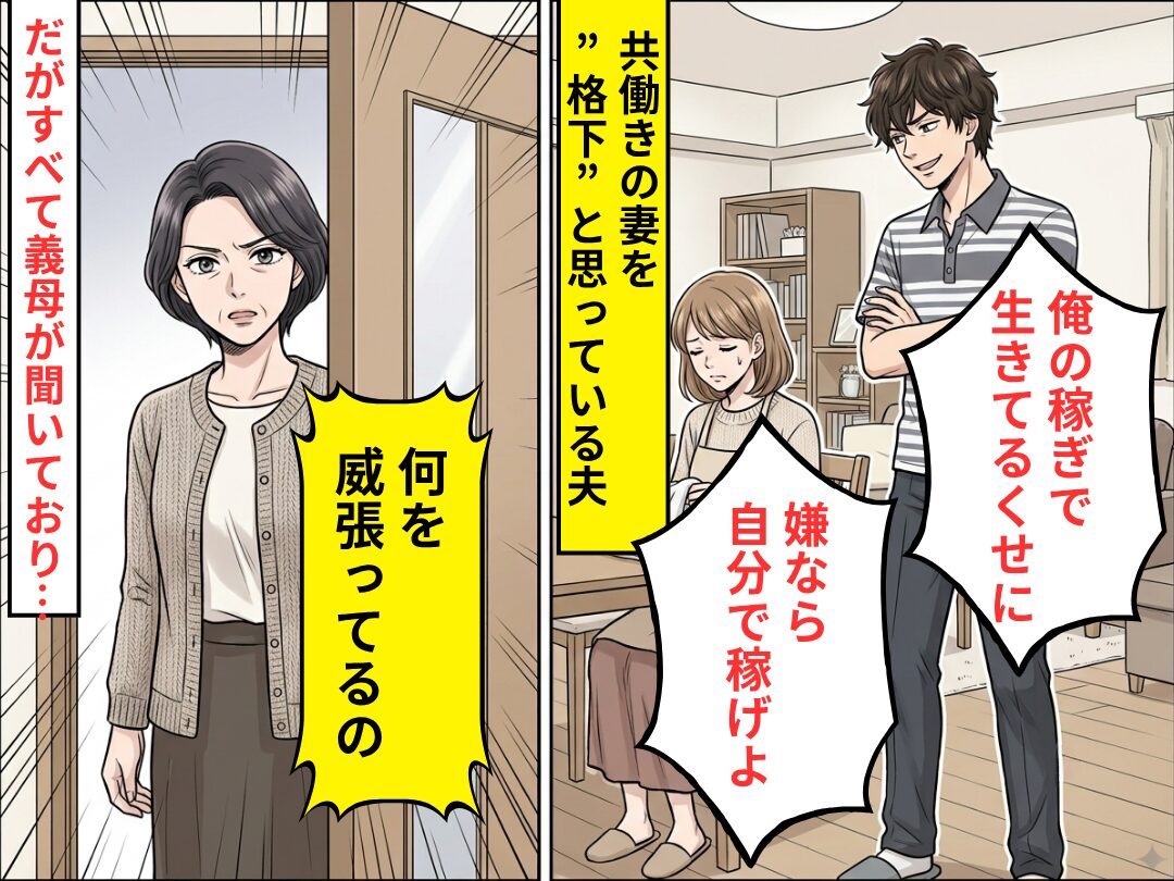 共働きの妻に…夫「俺の稼ぎで生きてるだろ」⇒「何を威張ってるの」義母の【ド正論】に…夫「え、えっと…」