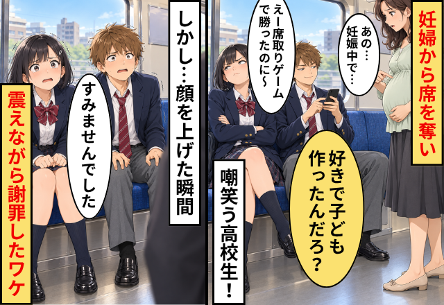 妊婦から席を奪い「好きで子ども作ったんだろ？」嘲笑う高校生！しかし⇒顔を上げた瞬間…震えながら謝罪したワケ！？