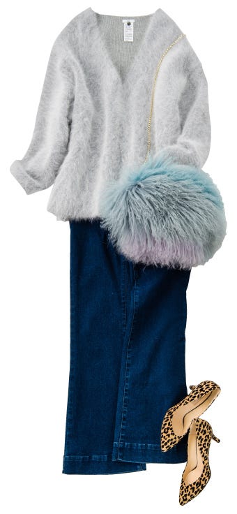 デニムパンツ¥11,600/バナーバレット(バナーバレット 新宿ルミネ2) アンゴラニットトップス¥29,000/Sov.(フィルム) ファーバッグ¥14,800/ラピュイ(キャセリーニ) レオパードパンプス¥19,000/felimage(オギツ)(C)TOPLOG