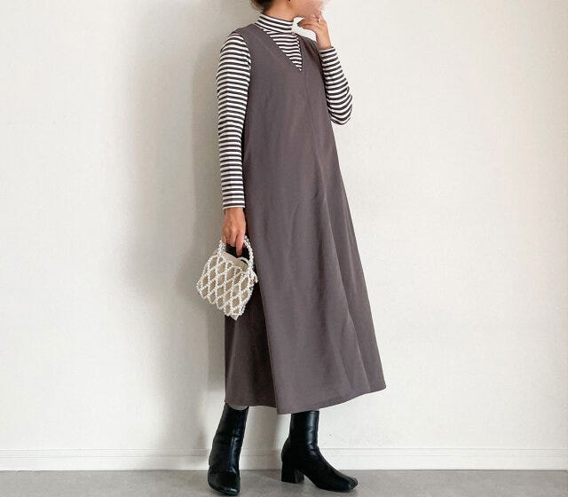 無印良品　ストレッチフライス編みハイネック長袖Ｔシャツ　着回し