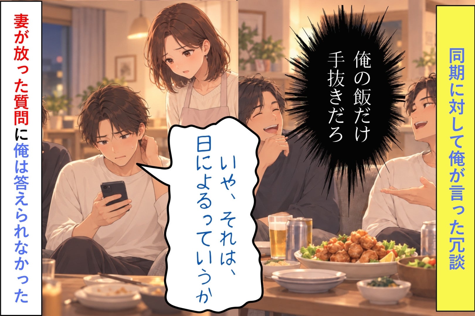 「今日は豪華だけど、俺の飯だけ手抜きだろ」同期の前で笑った俺に、妻が返した「何時に帰ってくる？」