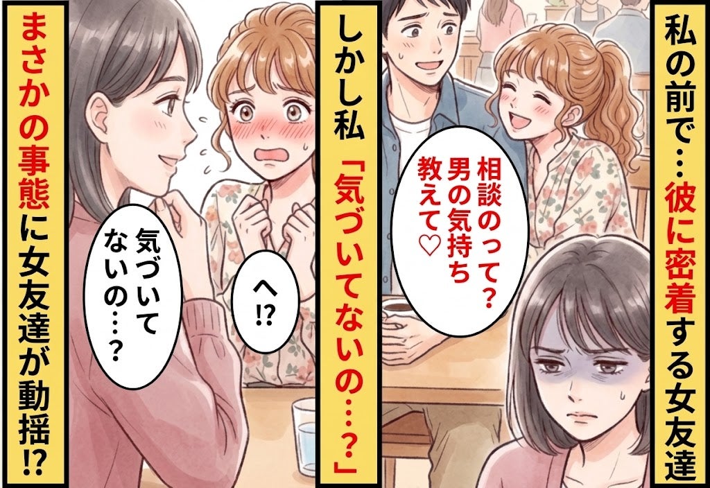 私の前で…「相談のって？男の気持ち教えて♡」彼に密着する女友達！？しかし⇒私「気づいてないの…？」女友達「へ！？」