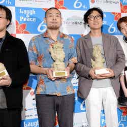 囲み取材の様子（左から）深田晃司監督、品川ヒロシ監督、ファン・ヒョンドク監督、シム・ウンギョン
