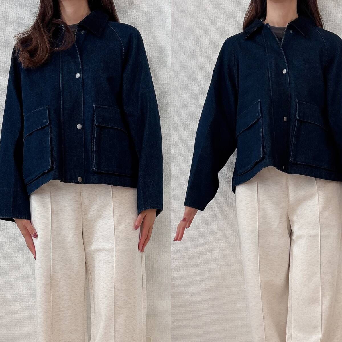 ユニクロ　ユーティリティショートジャケットデニム　171cm着用サイズ感（袖ボタン開閉比較）