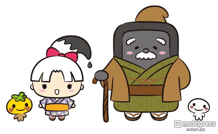 大河ドラマ「花燃ゆ」を盛り上げるキャラクターたち(左から)みかんくん、メインキャラクター(名前募集)、すずりじぃ、ビッグラッキー(C)NHK・SANRIO 2014 Designed by SANRIO