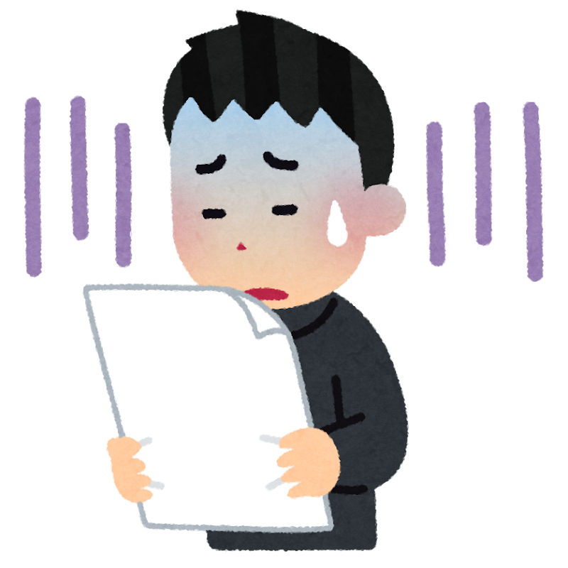 テストを見て落ち込む生徒のイラスト(男子学生)