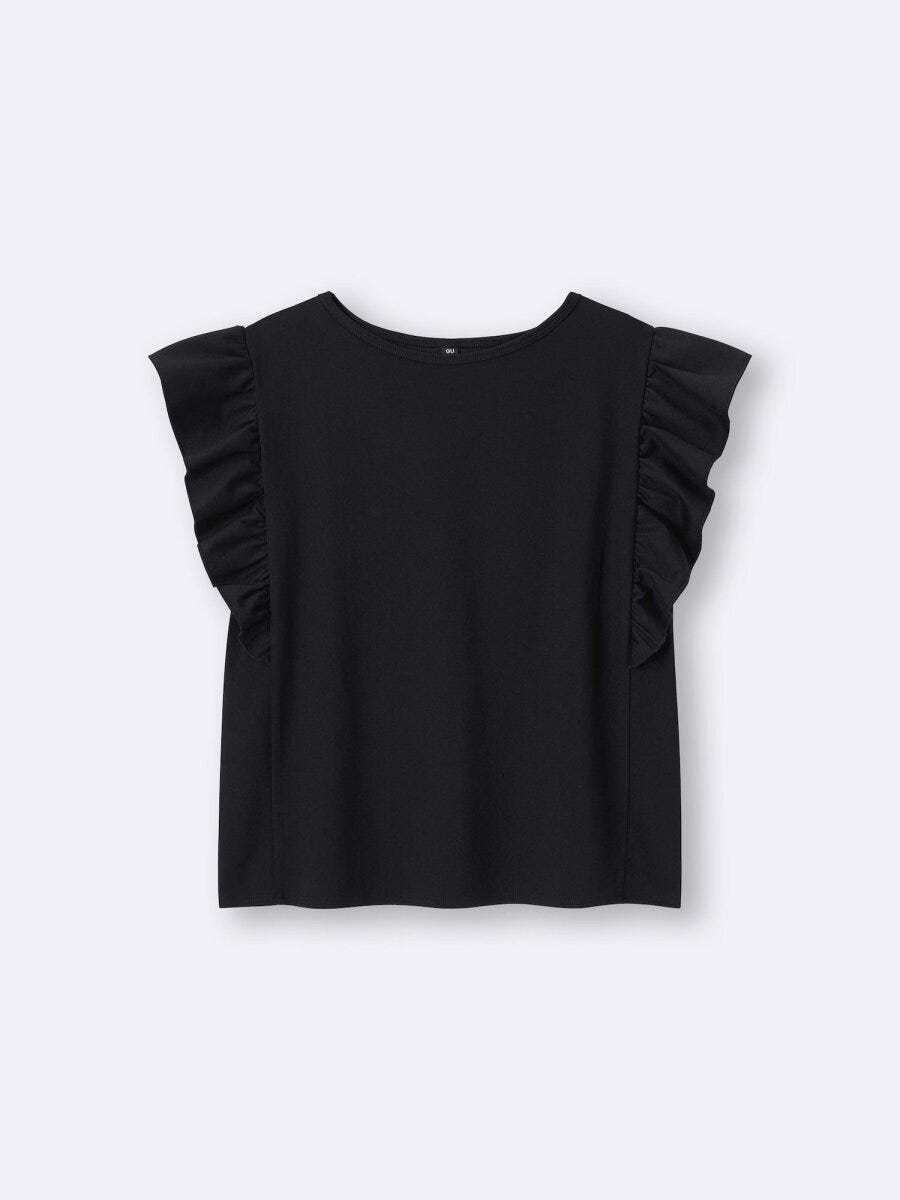 黒いフリル袖のTシャツを平置きで撮影