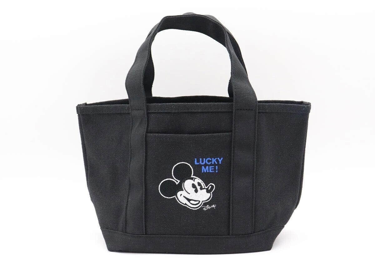 オールブラックのトートバッグにミッキーマウスのシルエット刺繍とLUCKY オールブラックのトートバッグにミッキーマウスのシルエット刺繍とLUCKY