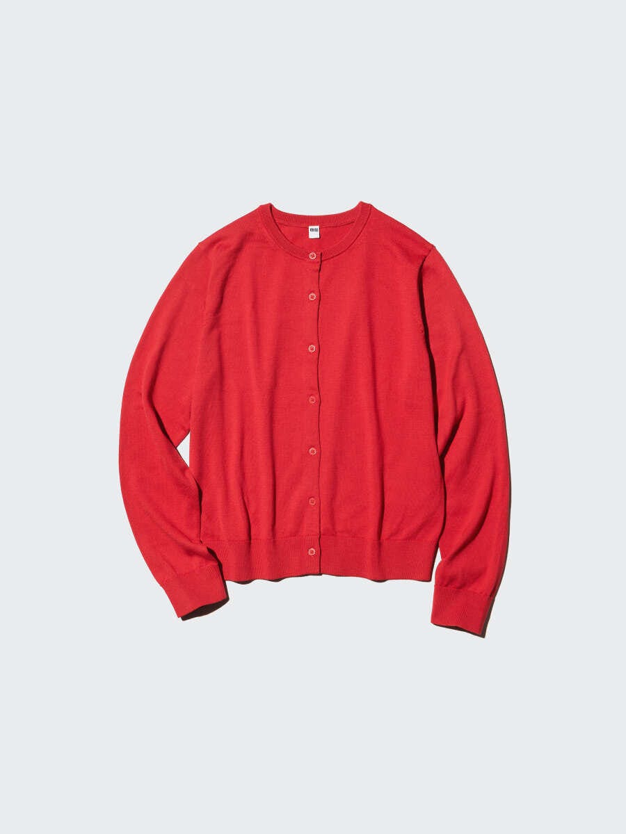 2026春ユニクロ大人女性おすすめ赤UVカットクルーネックカーディガン