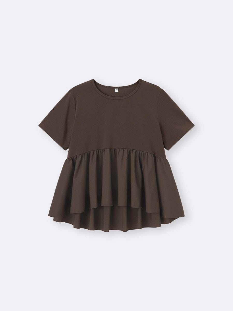 茶色の布帛コンビネーションTシャツの正面全体