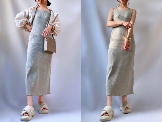 GU　リブニットワンピース　ワントーン　コーデ
