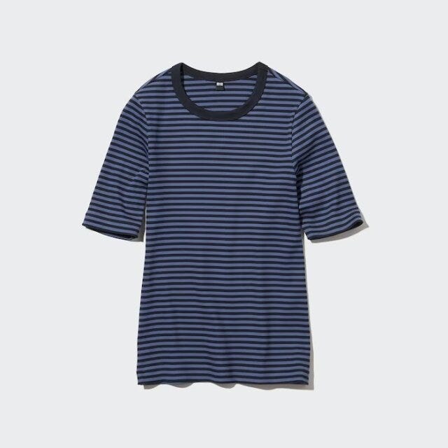ユニクロ　uniqlo　レディース　おすすめ　オススメ　コスパ　2023　春　トップス　華奢見え　スタイルアップ　細見え　痩せ見え　体型カバー　リブボーダークルーネックT　リブT　リブトップス　ボーダー　ボーダートップス　ボーダーT
