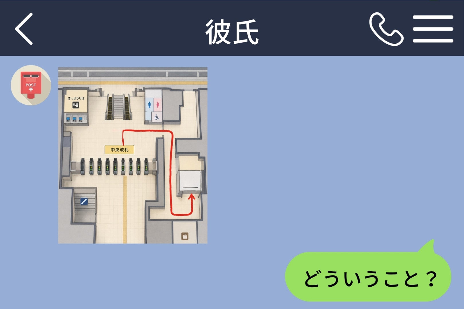 彼が送ってきた駅構内の地図。遠回りの矢印だけが不安を大きくした