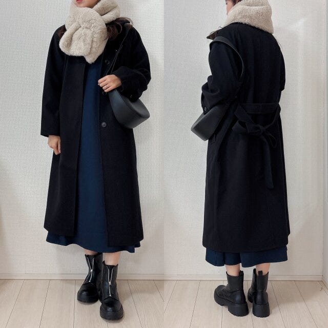 GUコージーメルトンバルマカーンコートとワンピースコーデ