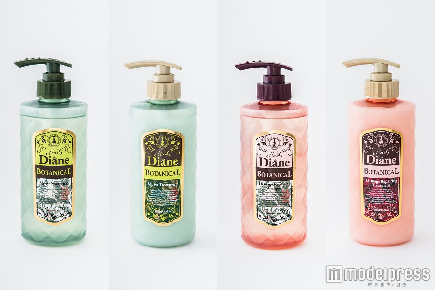 (左から)ダイアンボタニカル モイストシャンプー・モイストトリートメント、ダイアンボタニカル ダメージリペアリングシャンプー・ダメージリペアリングトリートメント/すべて480ml ¥924 ※ノンシリコン:シャンプーのみ(画像提供:セブン&アイ出版)