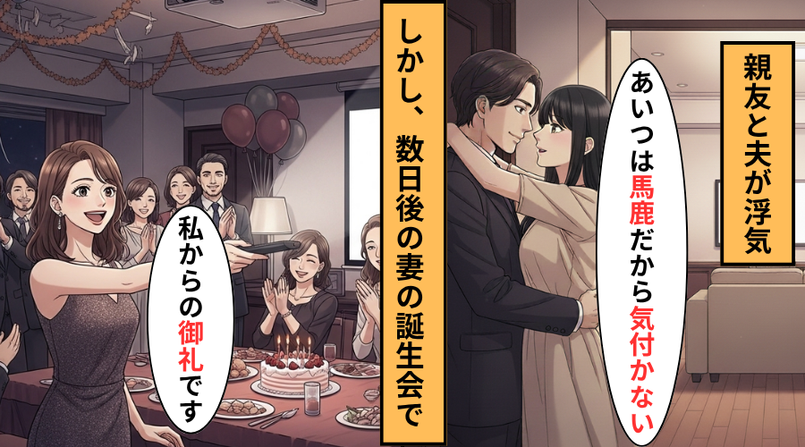 妻を馬鹿にして浮気する夫と親友！？だが「お礼があるの♡」誕生日パーティーで妻が覚醒した話