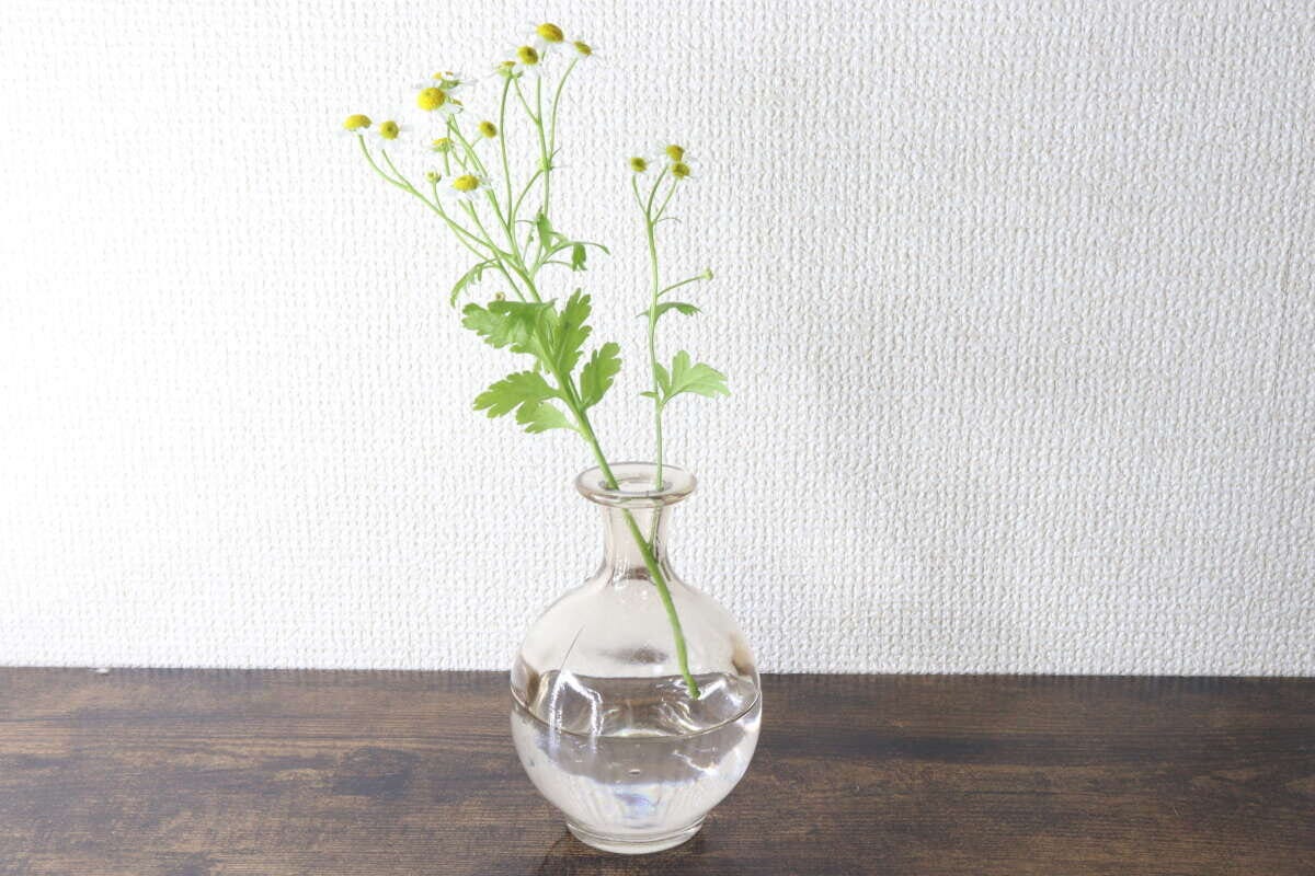 ブラウンの花瓶に水を入れて黄色い小さな花を飾っている様子