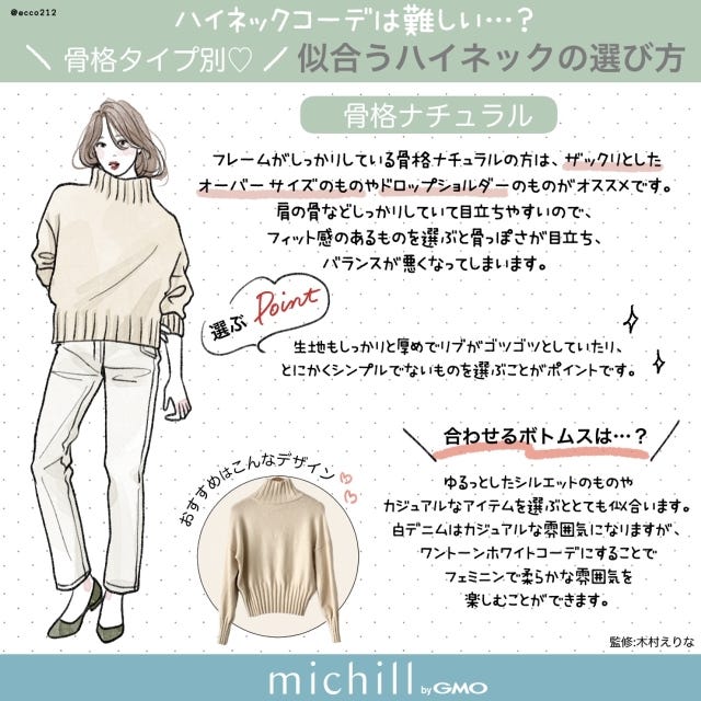 骨格タイプ別　ハイネック　一番似合う　EccO　イラスト　骨格ナチュラル