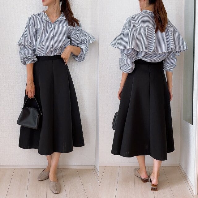 GU　ラッフルスリーブブラウス　長袖　ストライプ　ブラック　フレアスカート