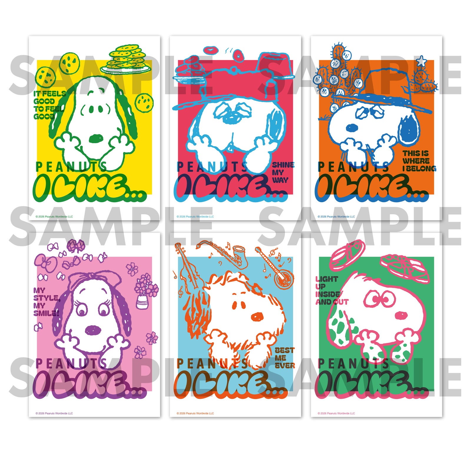 スヌーピーランダムシール「I LIKE...」 （全6種）L判300円（税込）　2L判500円（税込）（C）2026 Peanuts Worldwide LLC