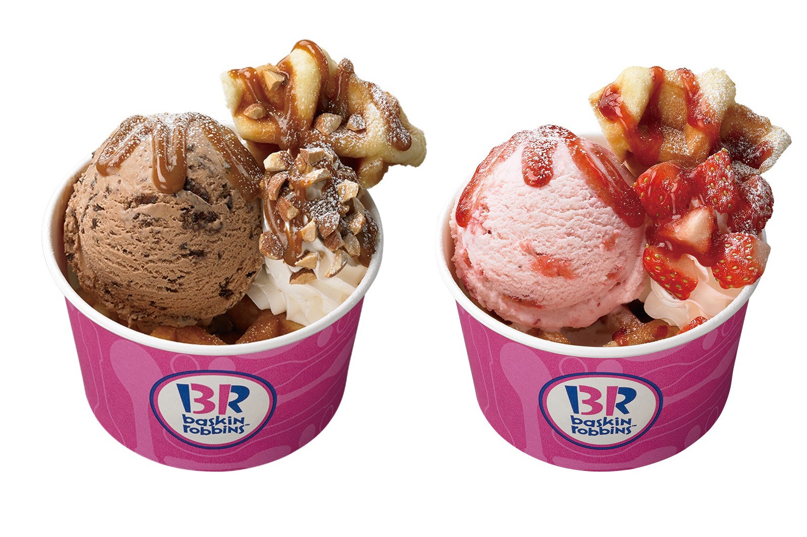 ベルギーワッフル (左から）キャラメルアーモンド、ごろごろ苺