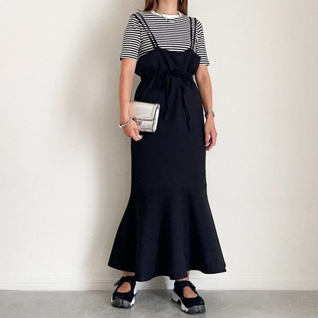 ユニクロ　リブボーダークルーネックT　ワンピース　コーデ