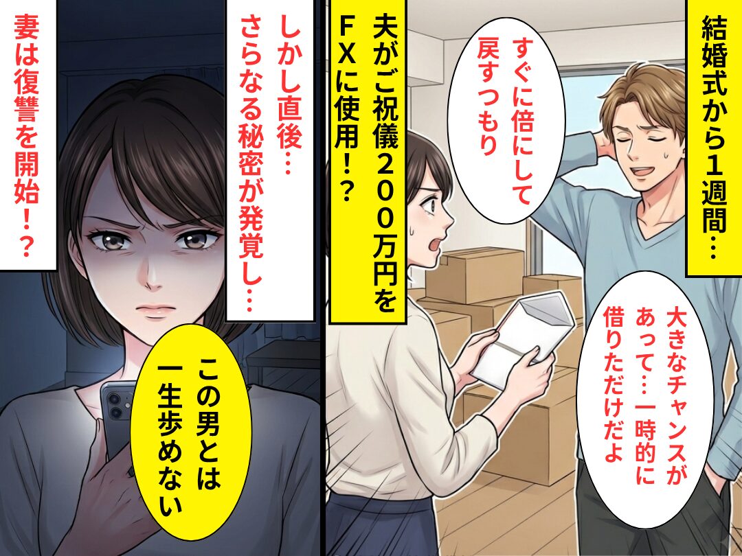 結婚式の“ご祝儀200万円”を夫が無断使用！？⇒露呈した【夫の本性】に…妻は復讐を開始！？その【結果】