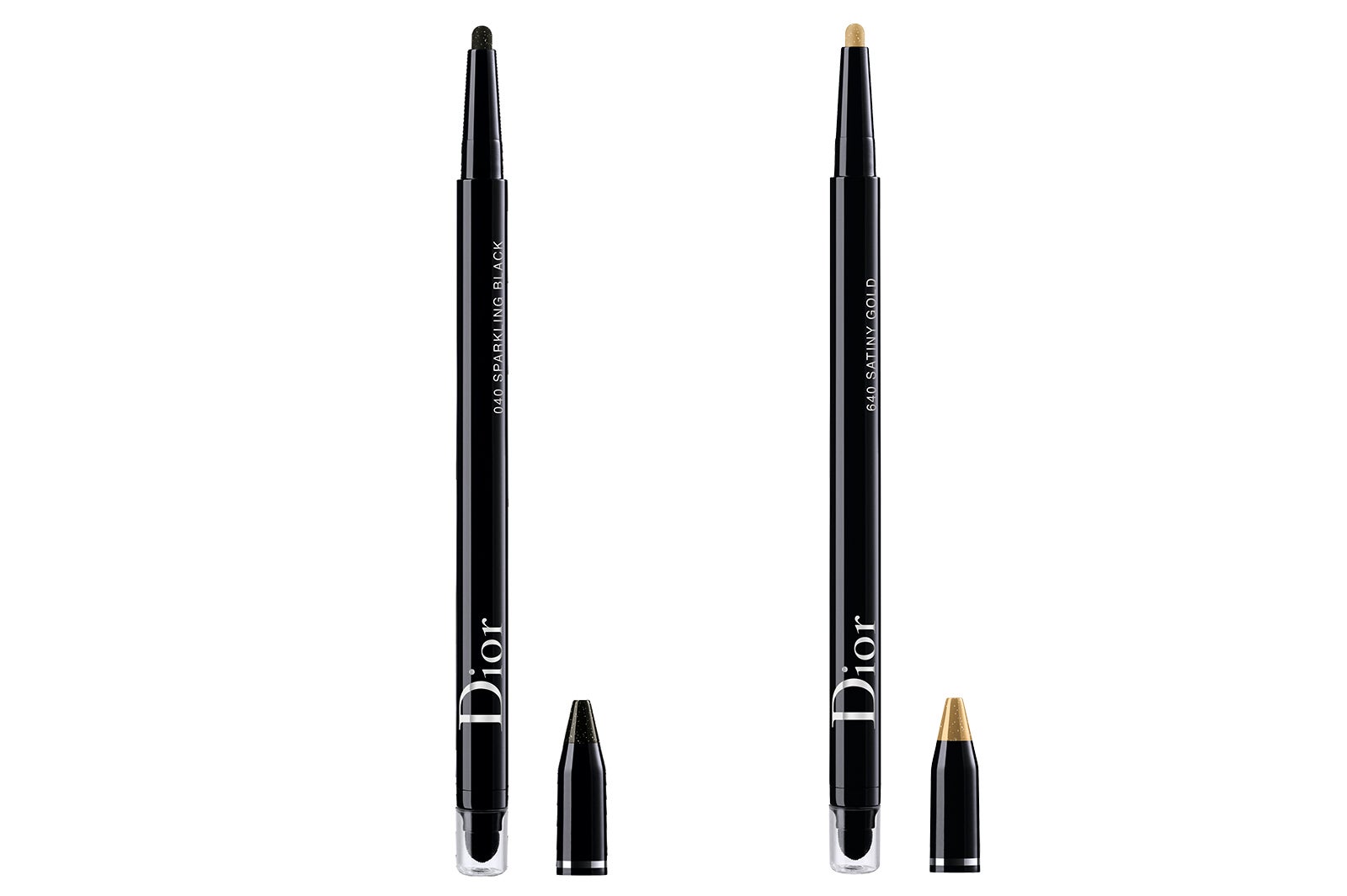 （左から）「ディオールショウ 24Ｈ スティロ ウォータープルーフ 040 スパークリング ブラック」「同 640 サティニー ゴールド」（提供写真）