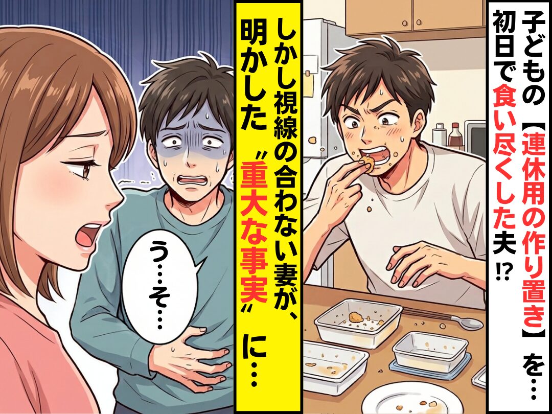 子どもの【連休用の作り置き】を…初日で食い尽くした夫！？しかし⇒“視線の合わない”妻が明かした事実に「う…そ…」