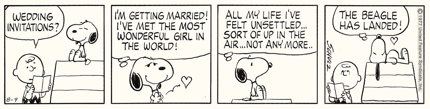 突然結婚を宣言したスヌーピーの原画（C）Peanuts Worldwide LLC