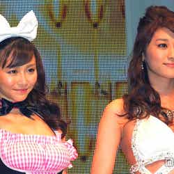 パチンコの新機種「CR ラブ嬢プラス~今夜も、ご延長の方はいかがなさいますか?~」発表会に登場した(左から)杉原杏璃、原幹恵